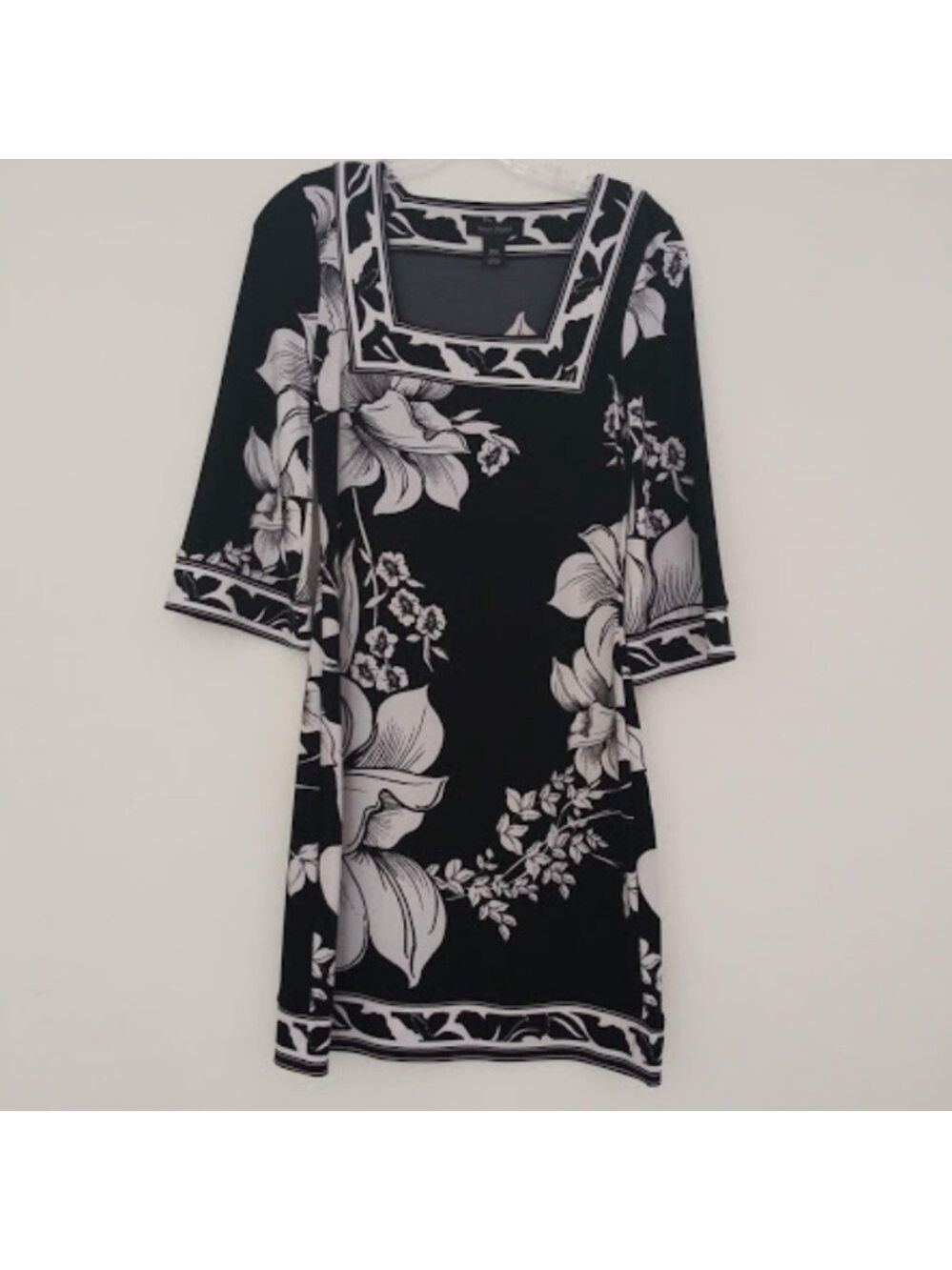 WHBM square neck dark floral print tunic dress bell sleeves